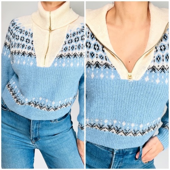 J. CREW Fair Isle Half Zip Alpaca Wool Blend Sweater Brushed Yarn Blue Large NEW - Picture 2 of 10